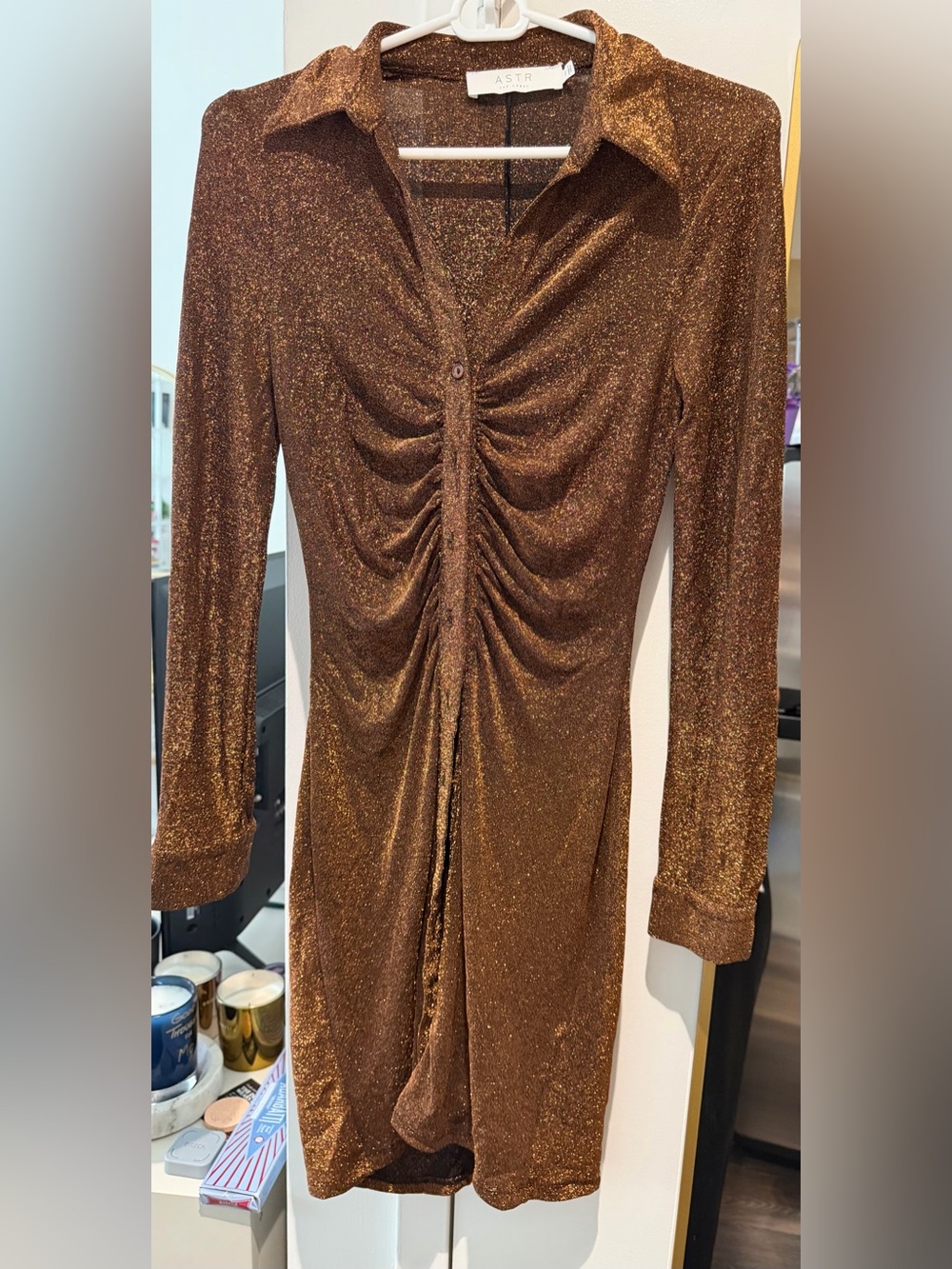ASTR Gold-Brown Metallic Ruched Long Sleeve Dress